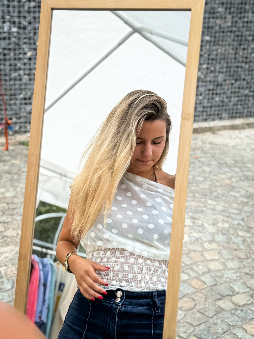 Mesh blouse met stippen