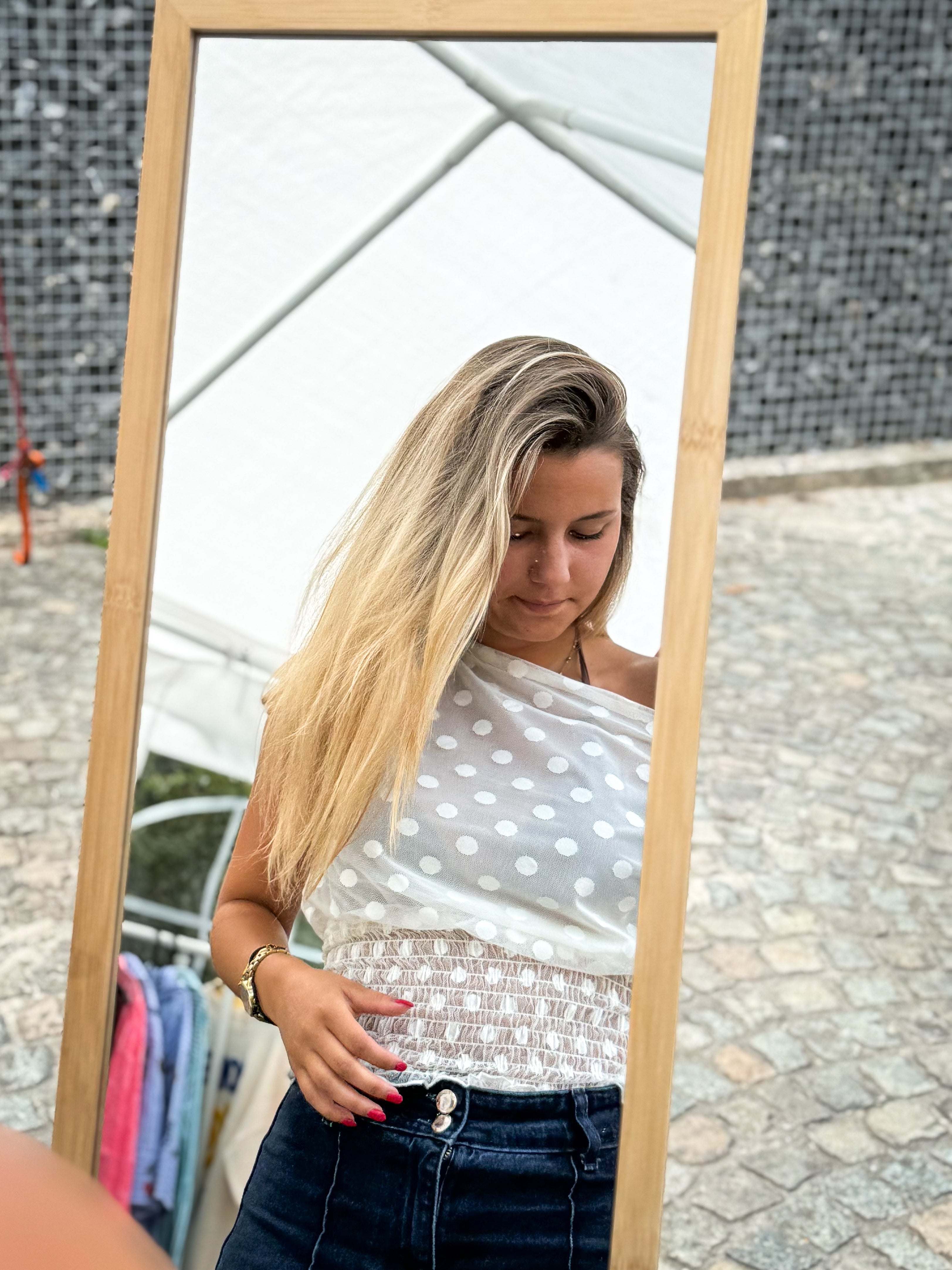 Mesh blouse met stippen