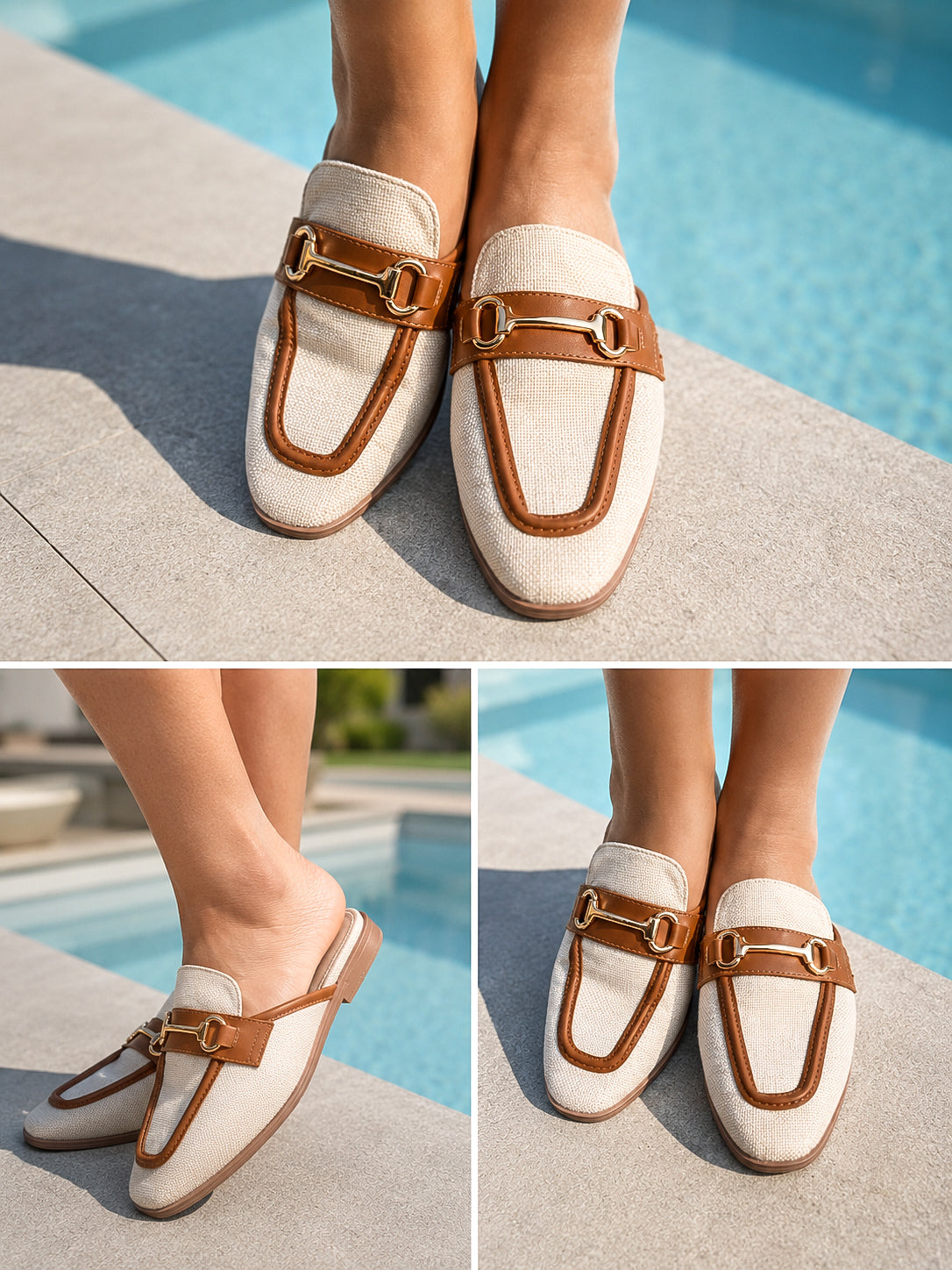 Elegante instappers in linnenlook met goudkleurige gesp
